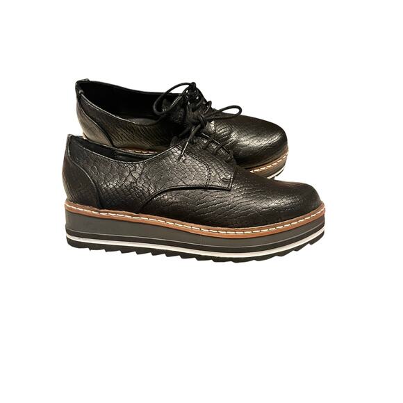 EXE Black Leather Platform Oxford Shoes Womens US 7 Chunky Lug Sole Professional - Picture 3 of 11